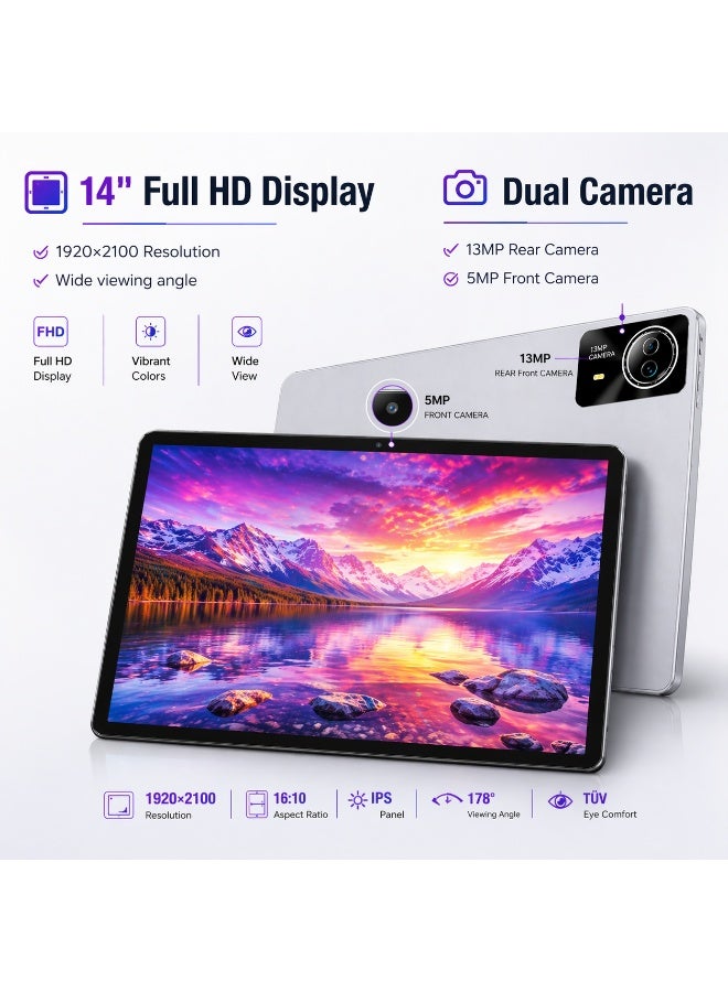 سي آيديا جهاز C idea P200 لوحي ذكي 14 بوصة، 16 جيجابايت RAM + 512 جيجابايت تخزين، أندرويد 14، 10000 مللي أمبير، واي فاي 5G، كاميرا 13 ميجابكسل + 5 ميجابكسل، لوحة مفاتيح وفأرة - فضي - Image 4