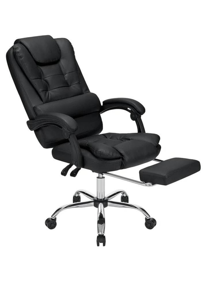 Executive Reclining Office Chair with Footrest – High Back Black Leather Computer Desk Chair with Adjustable Armrests for Home & Office Use