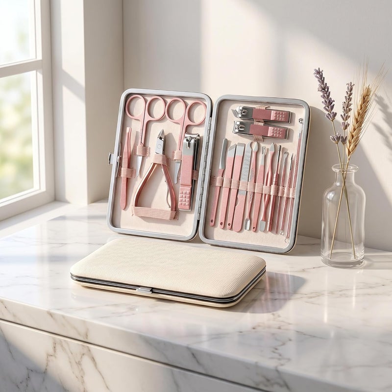 CozyNook Manicure Pedicure Kit, Rose Gold Nail Clippers Set with Travel Case, Professional Stainless Steel Grooming Tools for Men & Women 18PCS - Image 1