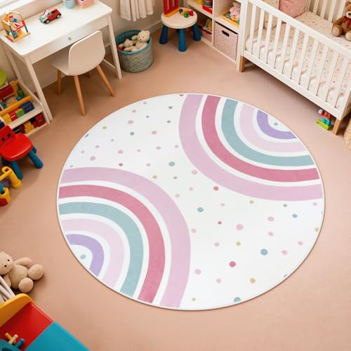 STARUIA Pink Round Rug for Nursery, 4 Ft Rainbow Washable Rug for Kids Room, Non-Slip Circle Rug Colorful Bedroom Carpet for Girls Princess Castle Playroom Classroom - Image 1
