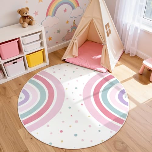 STARUIA Pink Round Rug for Nursery, 4 Ft Rainbow Washable Rug for Kids Room, Non-Slip Circle Rug Colorful Bedroom Carpet for Girls Princess Castle Playroom Classroom - Image 2