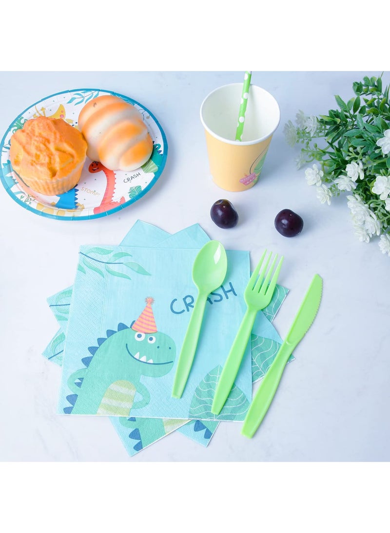 Zikra Disposable Tableware Set, 130Pcs Dinosaur Party Disposable Tableware Set with Party Banner Plates Cups.Napkins Knifes Forks Spoon Straws Tablecloth for Kids Happy Birthday Party (Dinosaur) - Image 2
