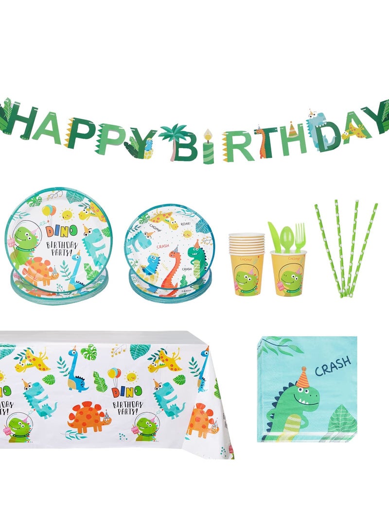 Zikra Disposable Tableware Set, 130Pcs Dinosaur Party Disposable Tableware Set with Party Banner Plates Cups.Napkins Knifes Forks Spoon Straws Tablecloth for Kids Happy Birthday Party (Dinosaur) - Image 1