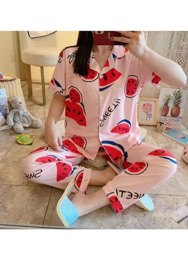 DubaiGallery New Summer Short-sleeved Shorts And Trousers Three-piece Cute Cartoon Women's Pajama Suit Thin Girl's Cardigan Home Clothes
