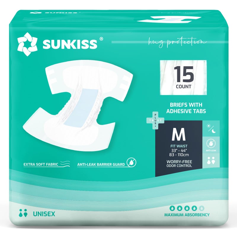 SUNKISS TrustPlus Adult Diapers with Maximum Absorbency, Unisex Disposable Incontinence Briefs with Tabs for Men and Women, Odor Control, Medium, Previously S/M, 15 Count - Image 1