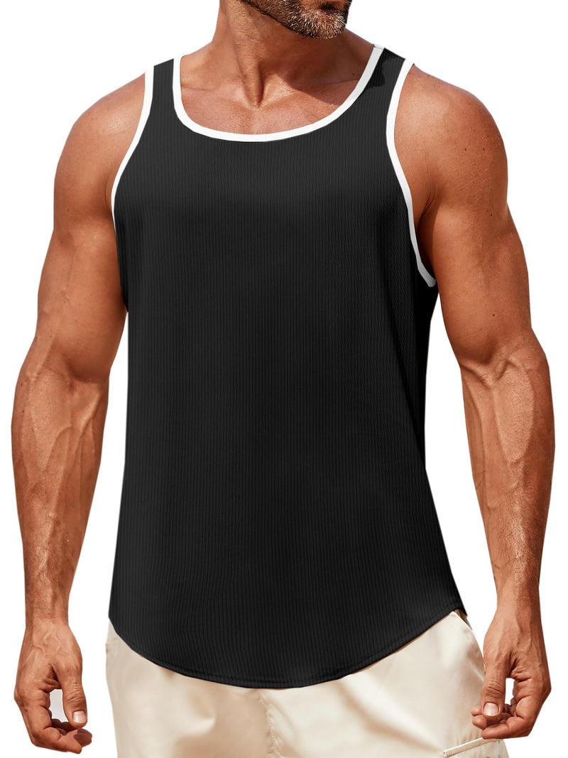 Runcati Mens Sleeveless Tank Tops Workout Muscle Gym Knitted Shirt Athletic Bodybuilding Slim Fit Ribbed T Shirts Black - Image 1