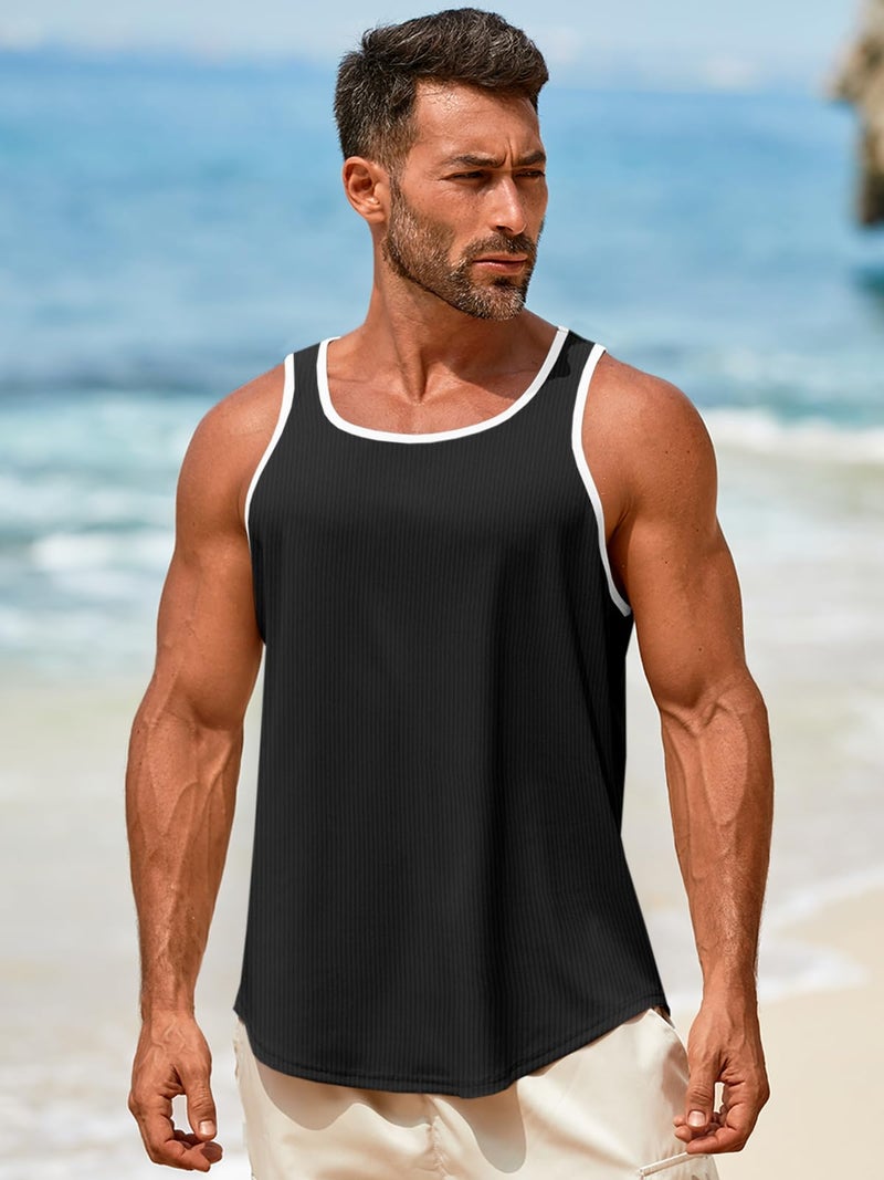 Runcati Mens Sleeveless Tank Tops Workout Muscle Gym Knitted Shirt Athletic Bodybuilding Slim Fit Ribbed T Shirts Black - Image 3