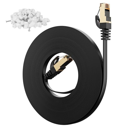 Adoreen Cat 7 Flat Outdoor Ethernet Cable 125 Ft-Black, High-Speed Shielded Internet Network Cable, S/FTP, POE, 10Gbps 600MHZ Thin Cat 6E 6A Patch LAN Cord, LLDPE, direct Burial for fast gaming +Clips - Image 1
