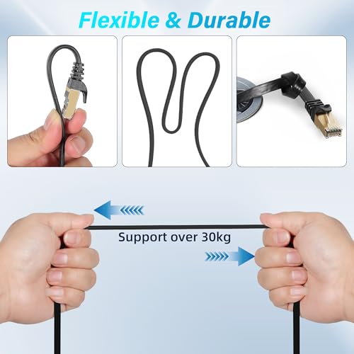 Adoreen Cat 7 Flat Outdoor Ethernet Cable 125 Ft-Black, High-Speed Shielded Internet Network Cable, S/FTP, POE, 10Gbps 600MHZ Thin Cat 6E 6A Patch LAN Cord, LLDPE, direct Burial for fast gaming +Clips - Image 5