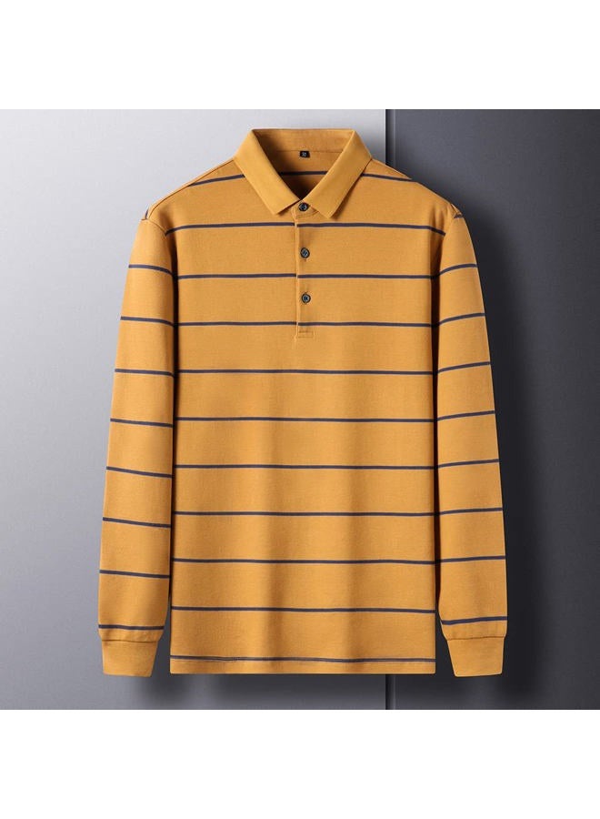Womleys Mens Casual Cotton Striped Slim Fit Long Sleeve Collared T Shirt Polo Shirts, Yellow, L - Image 3