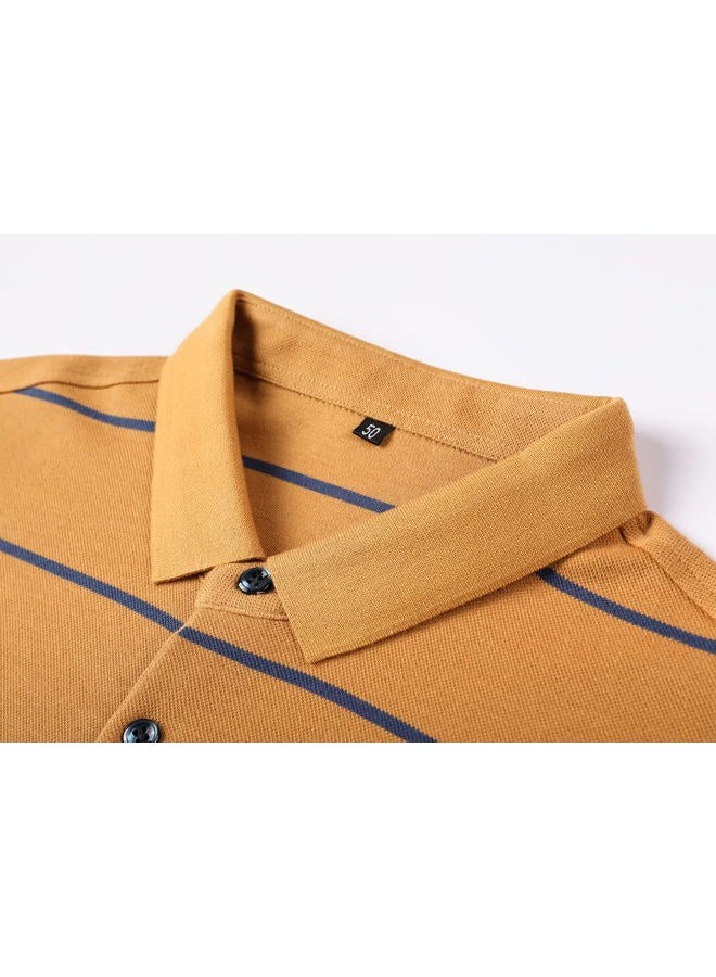 Womleys Mens Casual Cotton Striped Slim Fit Long Sleeve Collared T Shirt Polo Shirts, Yellow, L - Image 4