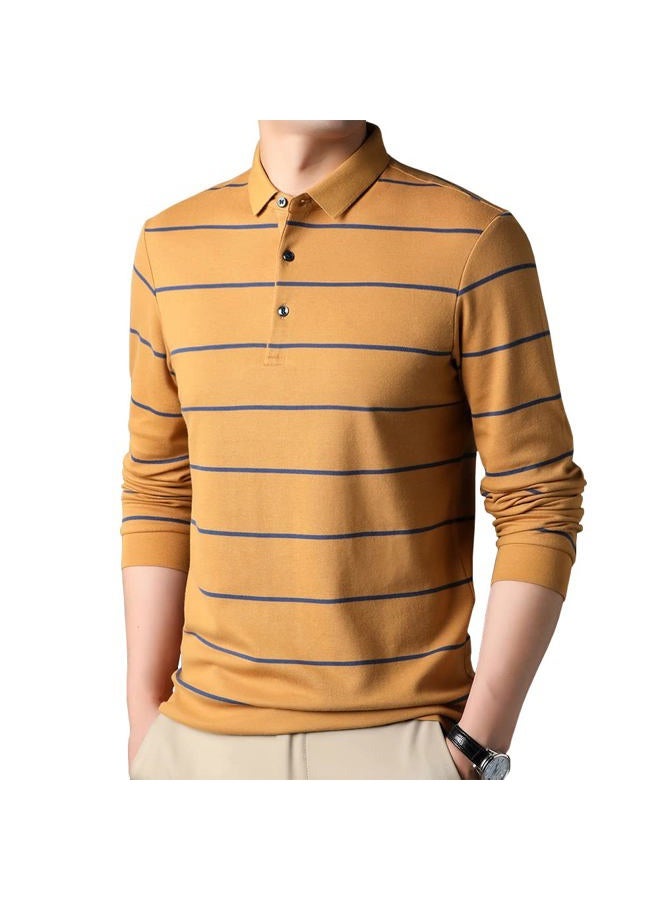 Womleys Mens Casual Cotton Striped Slim Fit Long Sleeve Collared T Shirt Polo Shirts, Yellow, L - Image 2