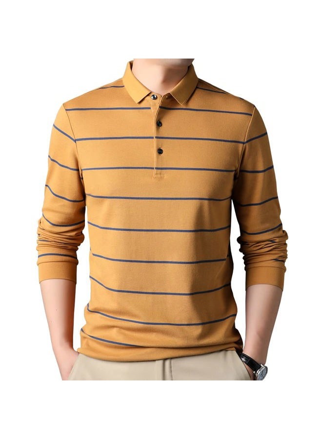 Womleys Mens Casual Cotton Striped Slim Fit Long Sleeve Collared T Shirt Polo Shirts, Yellow, L - Image 1