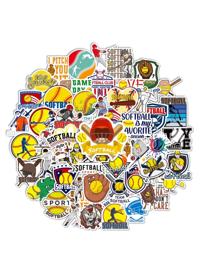 NIBEMINENT 50 Pcs Softball Deco Kit Waterproof Stickers, High Definition Printing Bright Colors, Suitable for Laptop Skateboard Luggage Water Bottle Guitar DIY  - Image 1