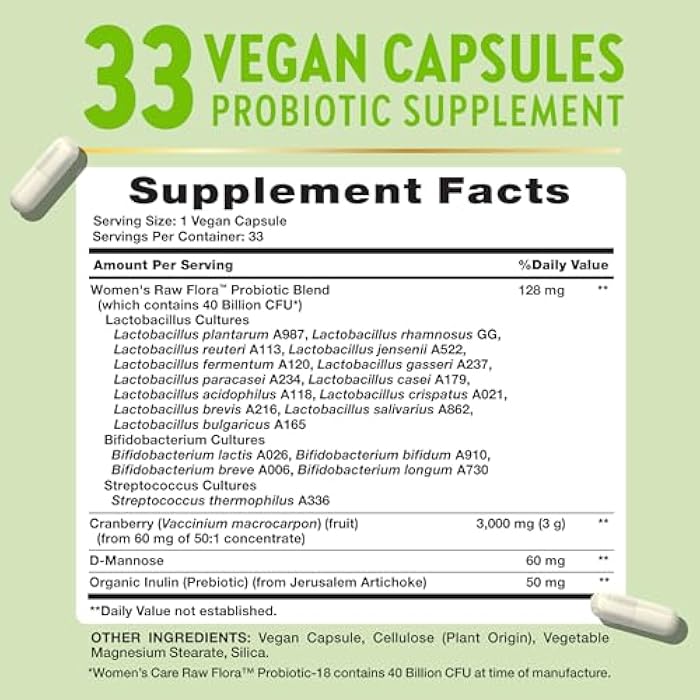 Nature's Truth Raw Flora Women's Probiotics | Dr. Formulated 40 Billion CFU + Prebiotics | Digestive, Vaginal & Urinary Support | 33 Vegan Capsules with Cranberry & D-Mannose | Shelf Stable - Image 2