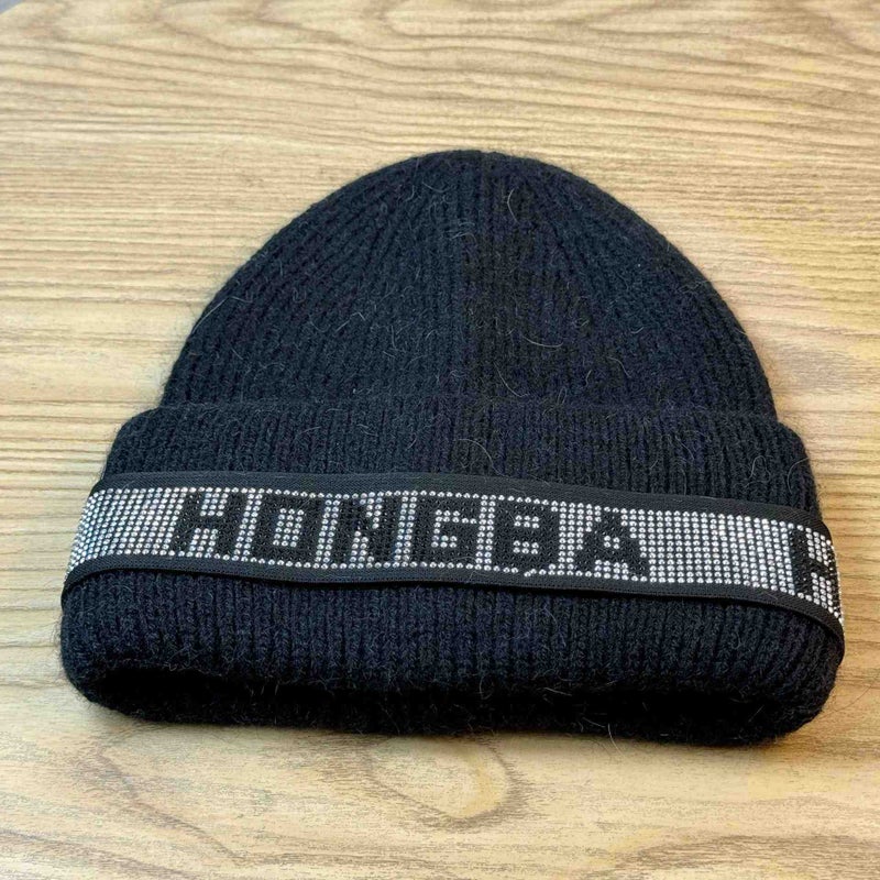 High Quality Winter Rhinestone Letter Wool Knitted Hat Big Head Circumference Warm Ear Protection Cold Cap Joker Bag Head Cap - Image 1