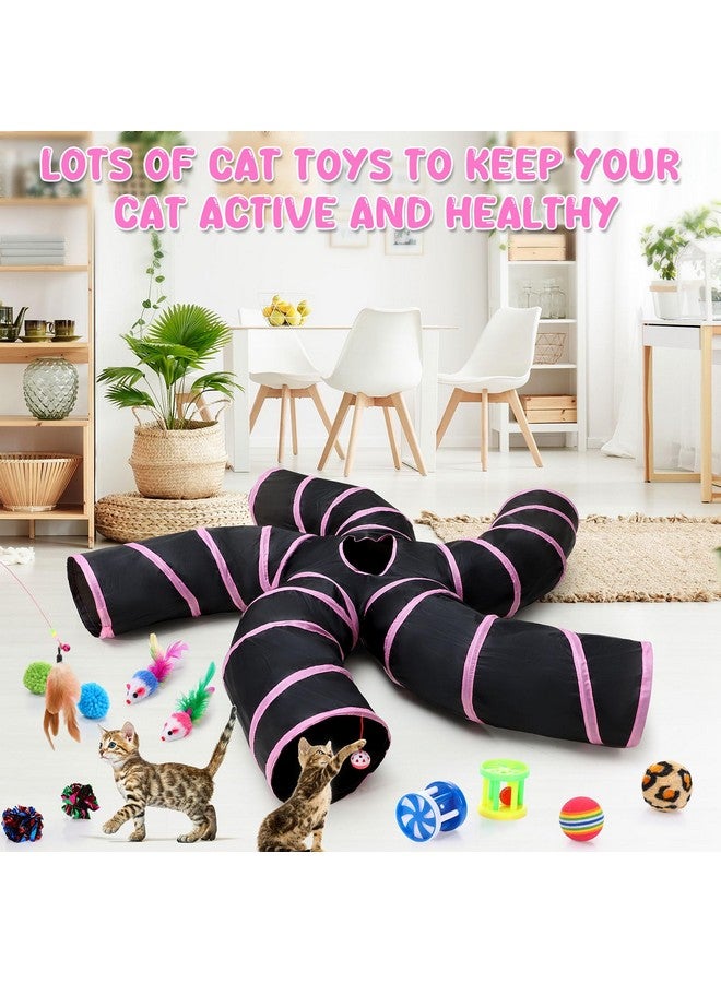 Poen مجموعة نفق قطط Poen مكونة من 21 قطعة للاستخدام الداخلي، أنابيب قابلة للطي بخمسة اتجاهات مع 20 قطعة من ألعاب القطط والقطط الصغيرة، لعبة ريش تفاعلية، فأر، كرات مجعدة، أنبوب للجرو والقطط الصغيرة والأرانب (وردي وأسود) - Image 3