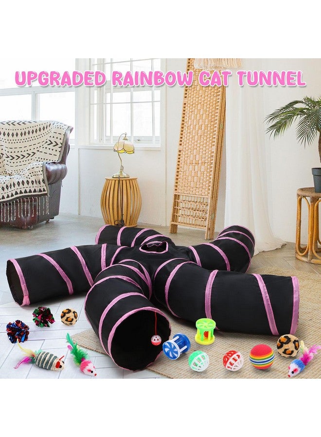 Poen مجموعة نفق قطط Poen مكونة من 21 قطعة للاستخدام الداخلي، أنابيب قابلة للطي بخمسة اتجاهات مع 20 قطعة من ألعاب القطط والقطط الصغيرة، لعبة ريش تفاعلية، فأر، كرات مجعدة، أنبوب للجرو والقطط الصغيرة والأرانب (وردي وأسود) - Image 5