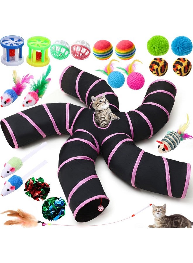 Poen مجموعة نفق قطط Poen مكونة من 21 قطعة للاستخدام الداخلي، أنابيب قابلة للطي بخمسة اتجاهات مع 20 قطعة من ألعاب القطط والقطط الصغيرة، لعبة ريش تفاعلية، فأر، كرات مجعدة، أنبوب للجرو والقطط الصغيرة والأرانب (وردي وأسود) - Image 1
