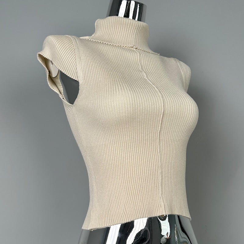 South Korea Dongdaemun New Retention Recommend Feminine Figure Strand Decorative High Neck Knitted Base T-Shirt - Image 1