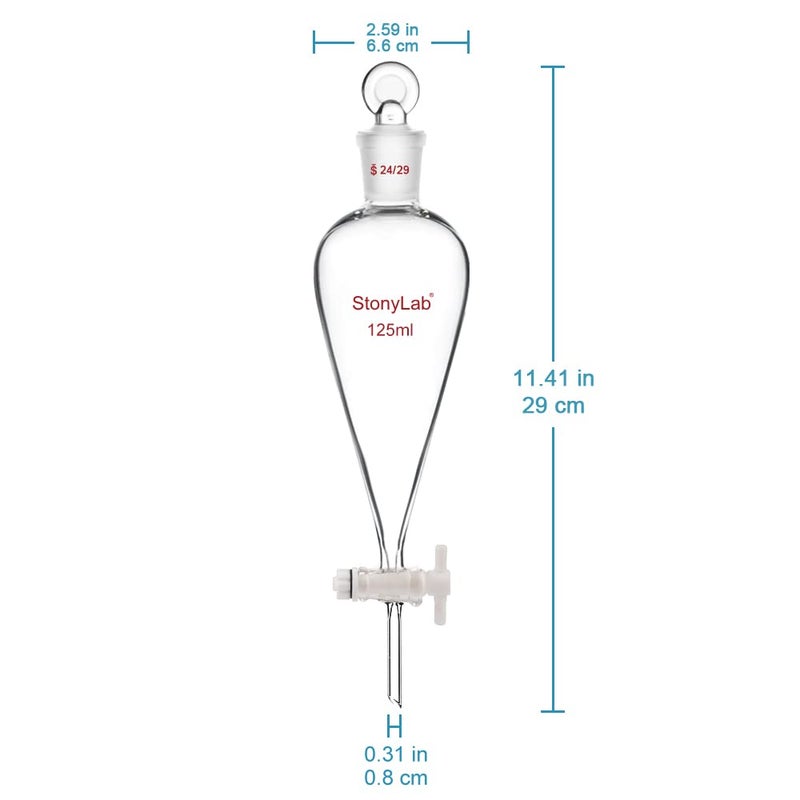 stonylab PTFE Stopcock Separatory Funnel 125ml, Borosilicate Glass Heavy Wall Conical Pear-Shaped Separation Funnel with 24/29 Joint - Image 2