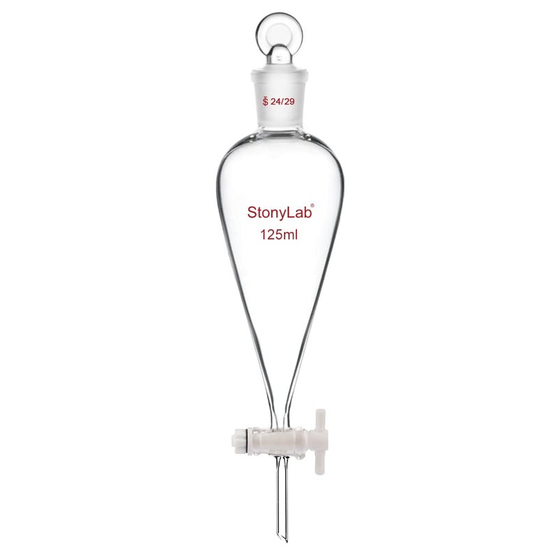 stonylab PTFE Stopcock Separatory Funnel 125ml, Borosilicate Glass Heavy Wall Conical Pear-Shaped Separation Funnel with 24/29 Joint - Image 1