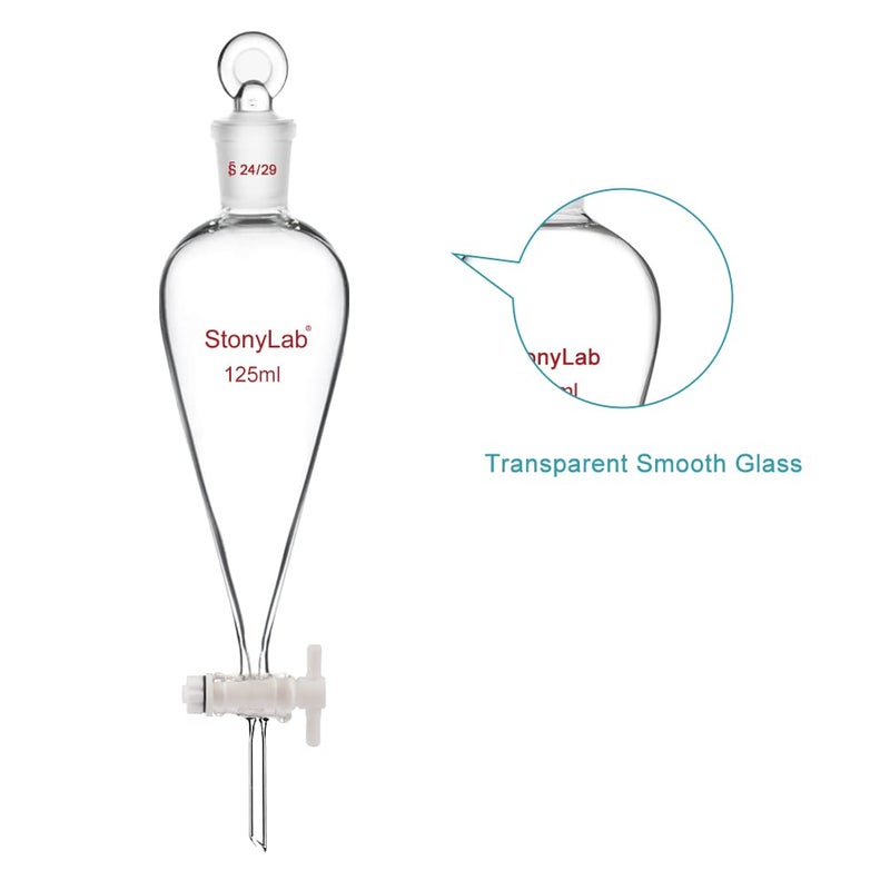 stonylab PTFE Stopcock Separatory Funnel 125ml, Borosilicate Glass Heavy Wall Conical Pear-Shaped Separation Funnel with 24/29 Joint - Image 4