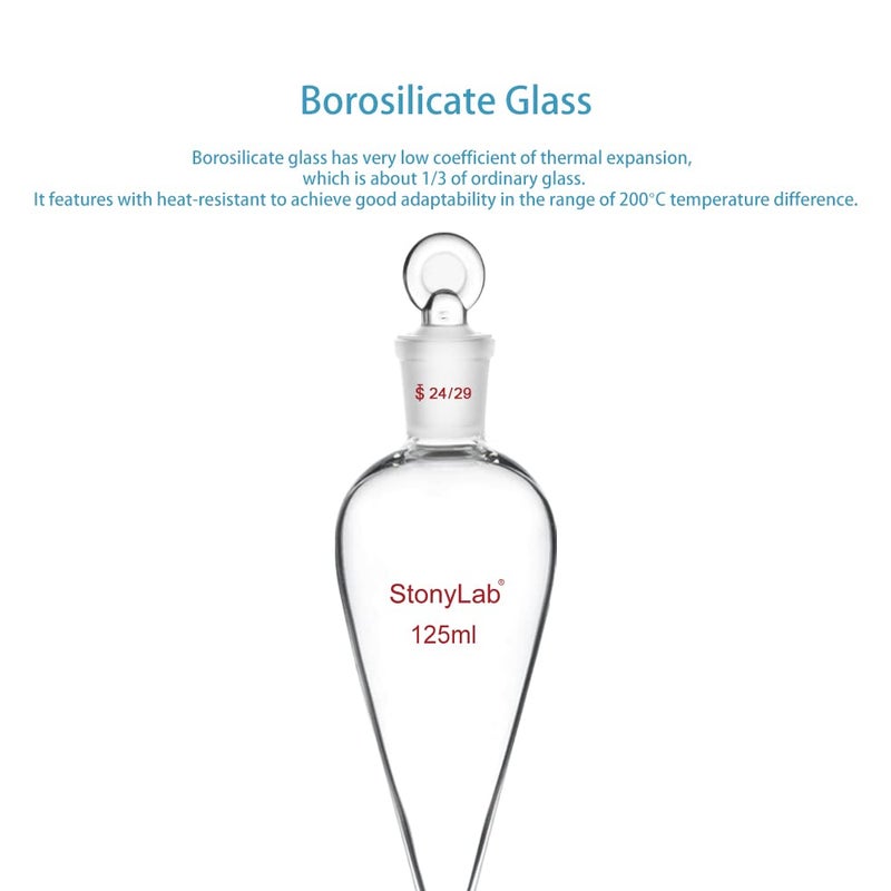stonylab PTFE Stopcock Separatory Funnel 125ml, Borosilicate Glass Heavy Wall Conical Pear-Shaped Separation Funnel with 24/29 Joint - Image 3