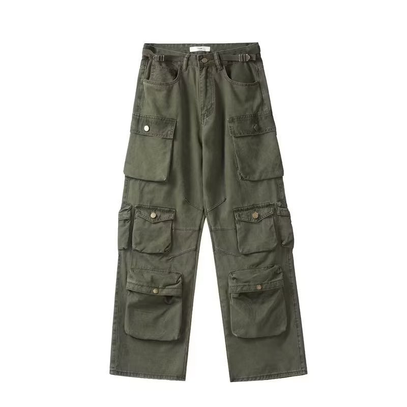Multi-Pocket Overalls Japanese Series Loose Straight Quality Cotton Army Green Casual Pants For Young Men And Women - Image 1
