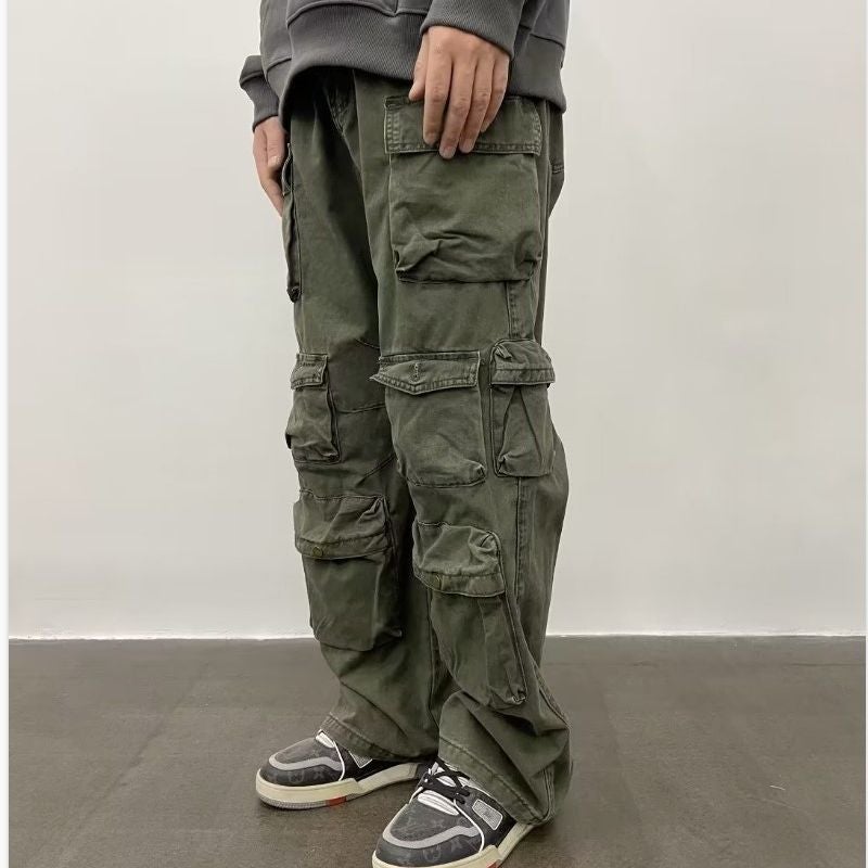 Multi-Pocket Overalls Japanese Series Loose Straight Quality Cotton Army Green Casual Pants For Young Men And Women - Image 4