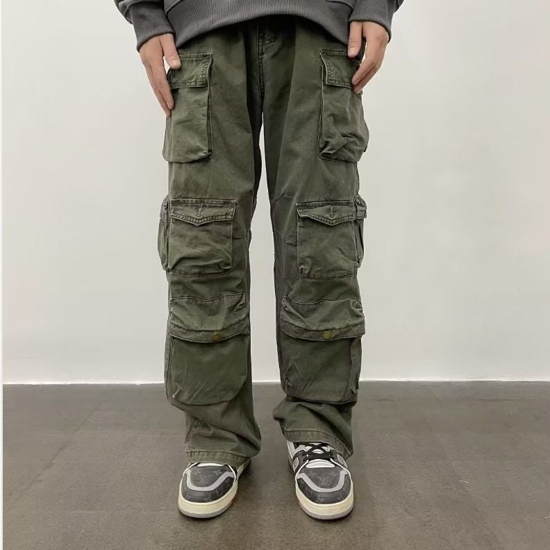 Multi-Pocket Overalls Japanese Series Loose Straight Quality Cotton Army Green Casual Pants For Young Men And Women - Image 2