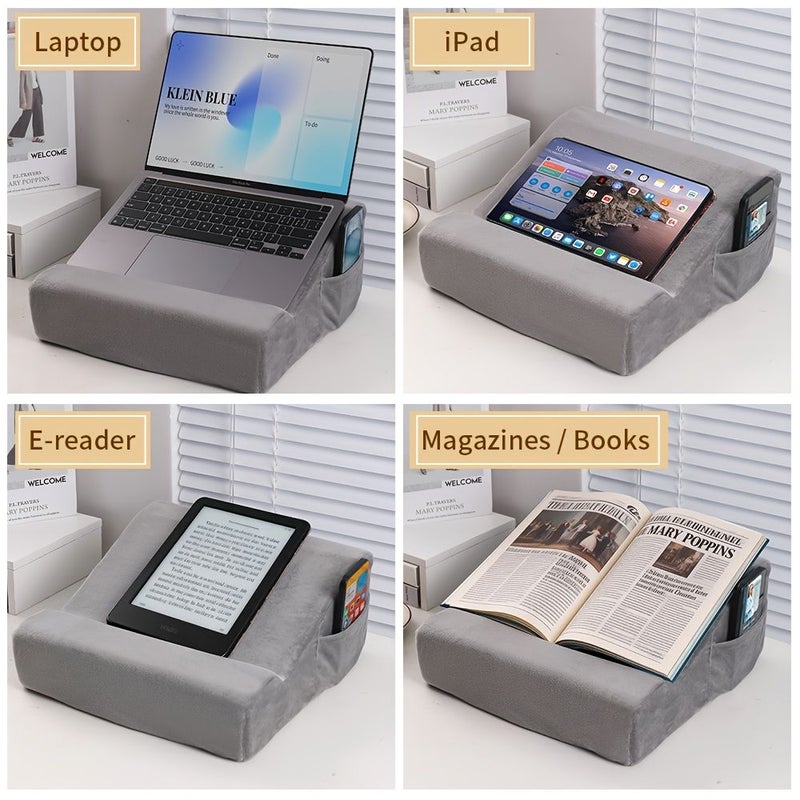 Dark Gray Multifunctional Reading Tablet Stand With Soft Plush Removable Washable Cover And Wrist Rest For Phones Tablets And Laptops - Image 2