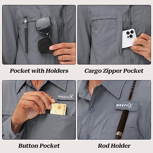 Satankud Men's Sun Protection Fishing Shirt Long Sleeve UPF50+ Travel Work Button Down Shirts with Zipper Pocket (Darkgrey,Medium) - Image 5