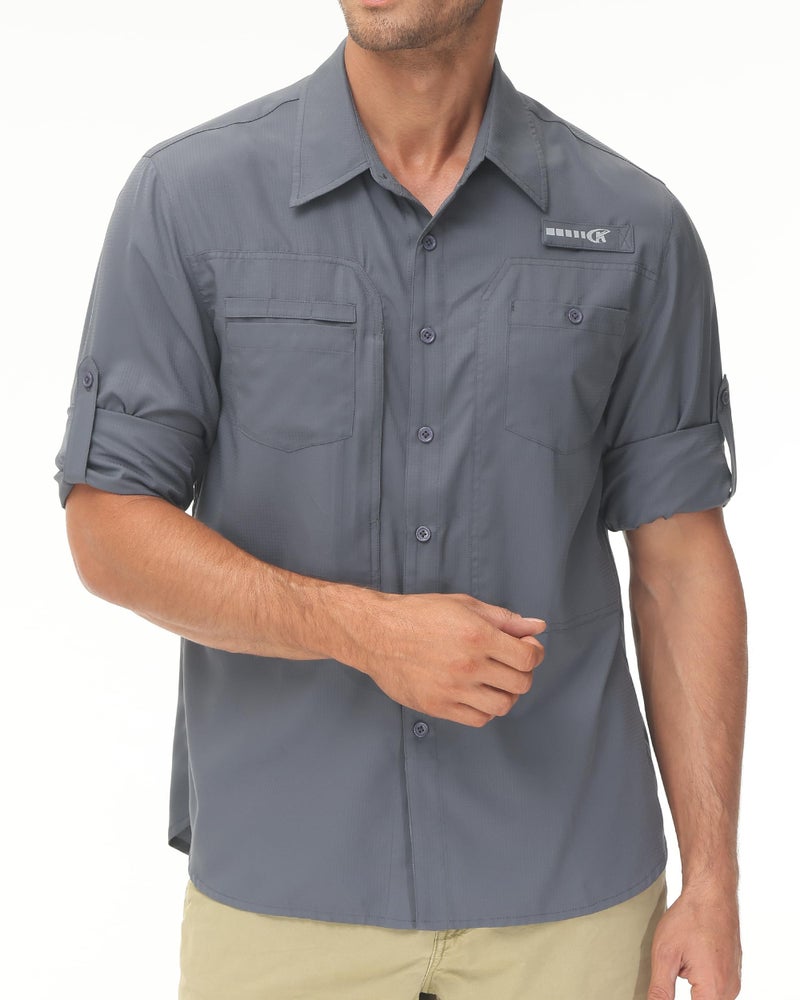 Satankud Men's Sun Protection Fishing Shirt Long Sleeve UPF50+ Travel Work Button Down Shirts with Zipper Pocket (Darkgrey,Medium) - Image 2
