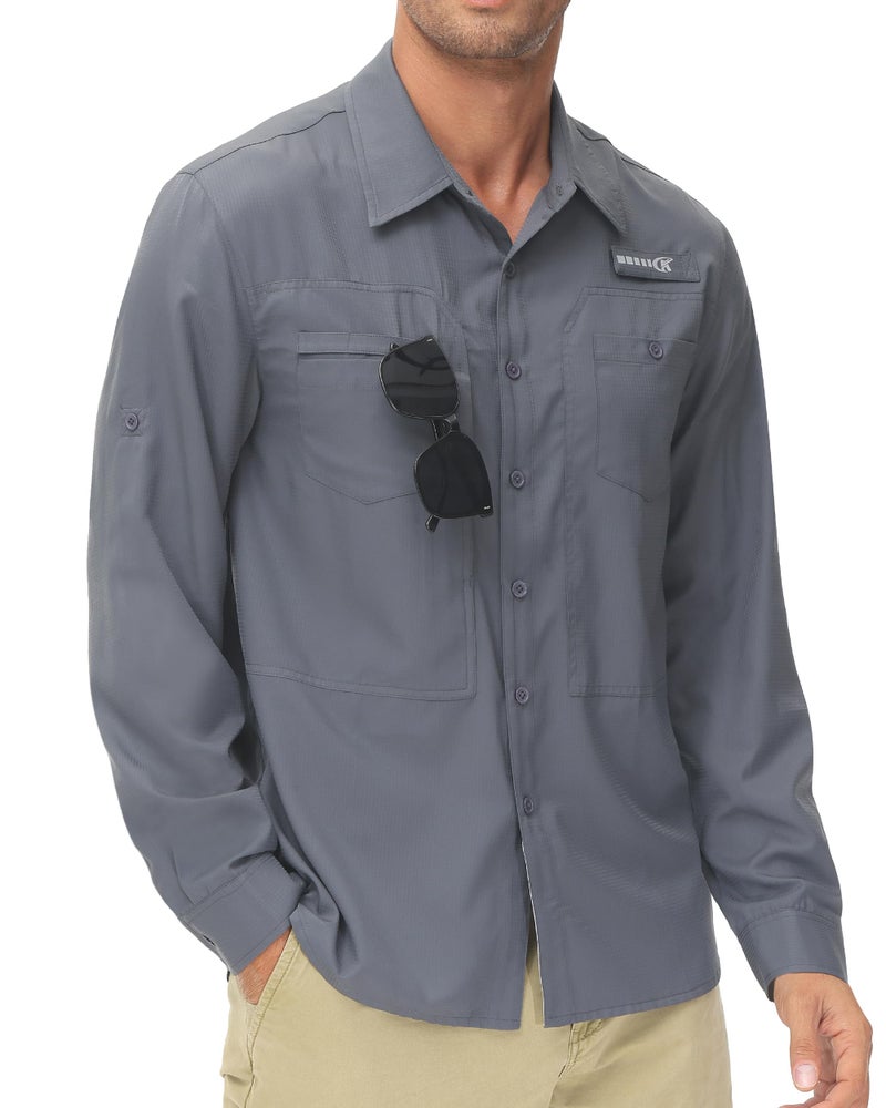 Satankud Men's Sun Protection Fishing Shirt Long Sleeve UPF50+ Travel Work Button Down Shirts with Zipper Pocket (Darkgrey,Medium) - Image 1