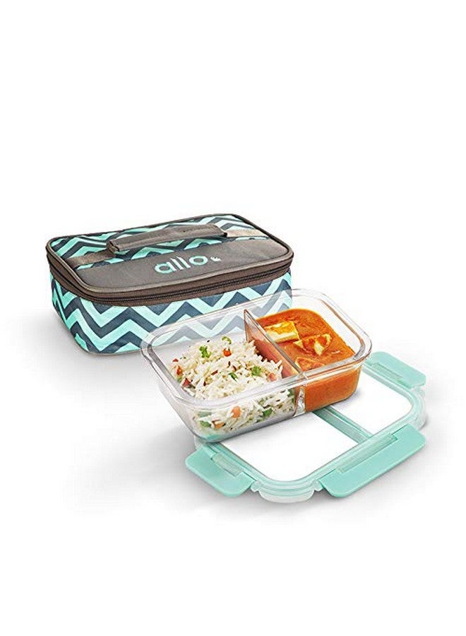 Allo FoodSafe 580ml x 1 Glass Microwave 450°C Oven Safe Lunch Box with Break Free Detachable Lock | High Borosilicate | Office Tiffin with Chevron Mint Flat Bag | Rectangle Divider - Image 1