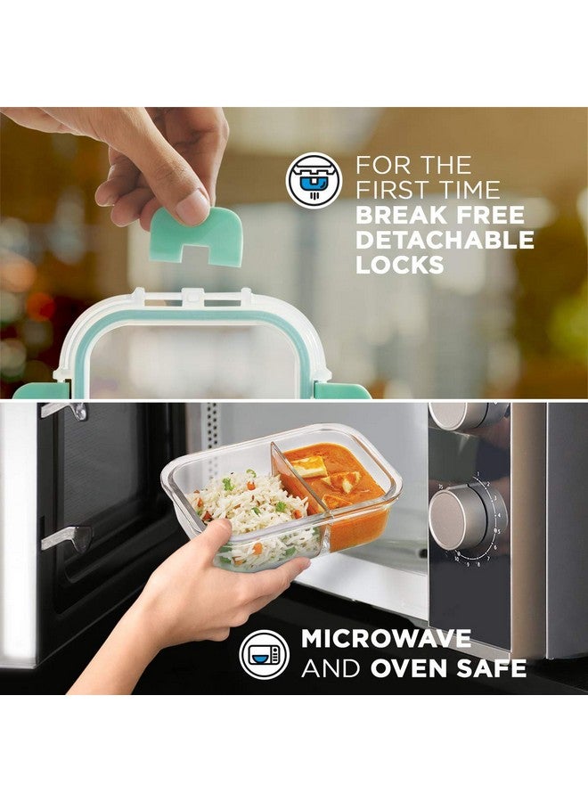 Allo FoodSafe 580ml x 1 Glass Microwave 450°C Oven Safe Lunch Box with Break Free Detachable Lock | High Borosilicate | Office Tiffin with Chevron Mint Flat Bag | Rectangle Divider - Image 2