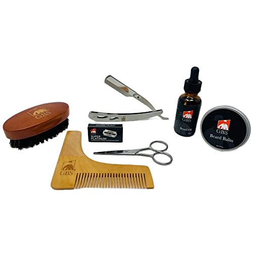 GBS Beard Styling Kit Scissors Boar Bristle Beard Brush Citrus Scented Beard Oil and Beard Balm Shavette Folding Razor