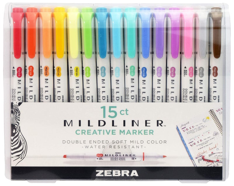 Zebra Pen Mildliner Double Ended Highlighter Set, Chisel and Bullet Tips, Assorted Ink Colors, 15-Pack - Image 1