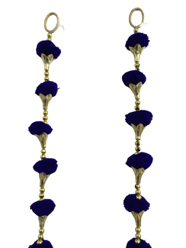 Aahum Handmade Wall Door Blue Color Pom Pom String with Golden Beads,Triangle Flowers Hanging Torans Garland Bandhwar Decoration Item for Home Décor Diwali Festival,Navratri,Wedding (5 FT 4 Strings) - Image 3
