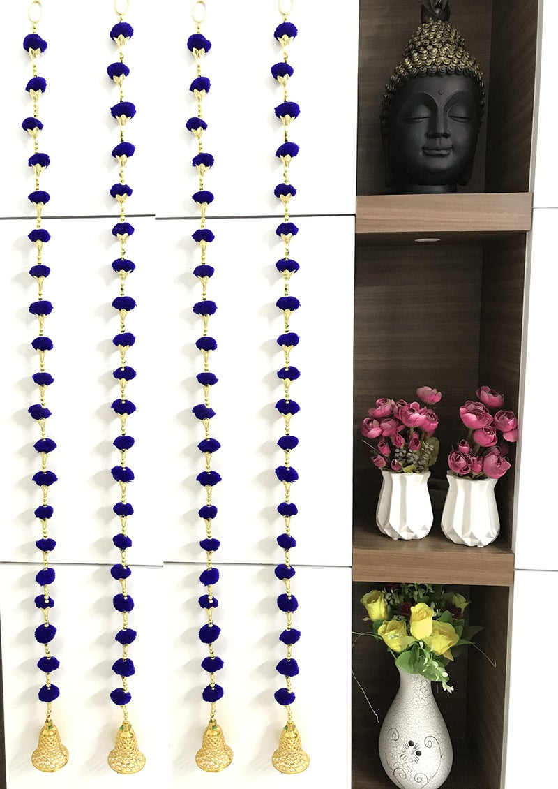 Aahum Handmade Wall Door Blue Color Pom Pom String with Golden Beads,Triangle Flowers Hanging Torans Garland Bandhwar Decoration Item for Home Décor Diwali Festival,Navratri,Wedding (5 FT 4 Strings) - Image 1