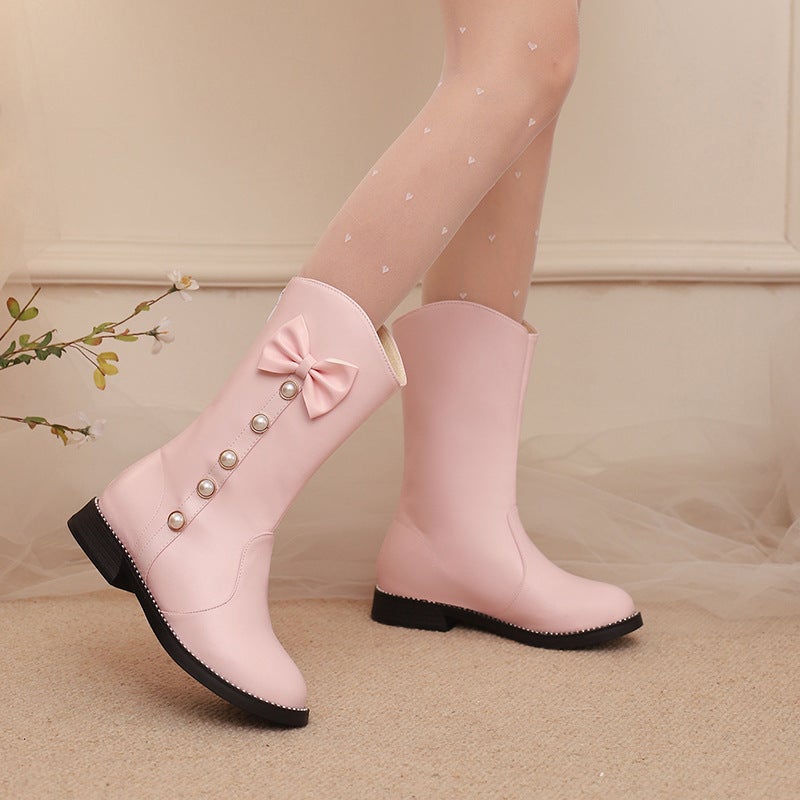 Casual Low Heel Low Boots 28-43 Sweet Bow Pearl Middle And Big Children Boots - Image 2