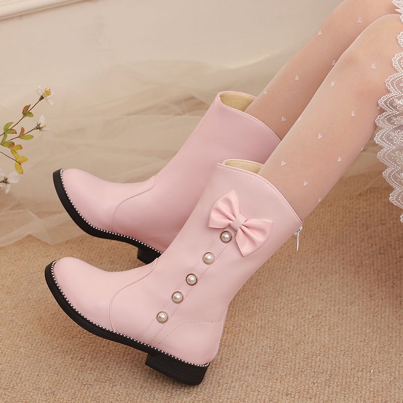 Casual Low Heel Low Boots 28-43 Sweet Bow Pearl Middle And Big Children Boots - Image 5