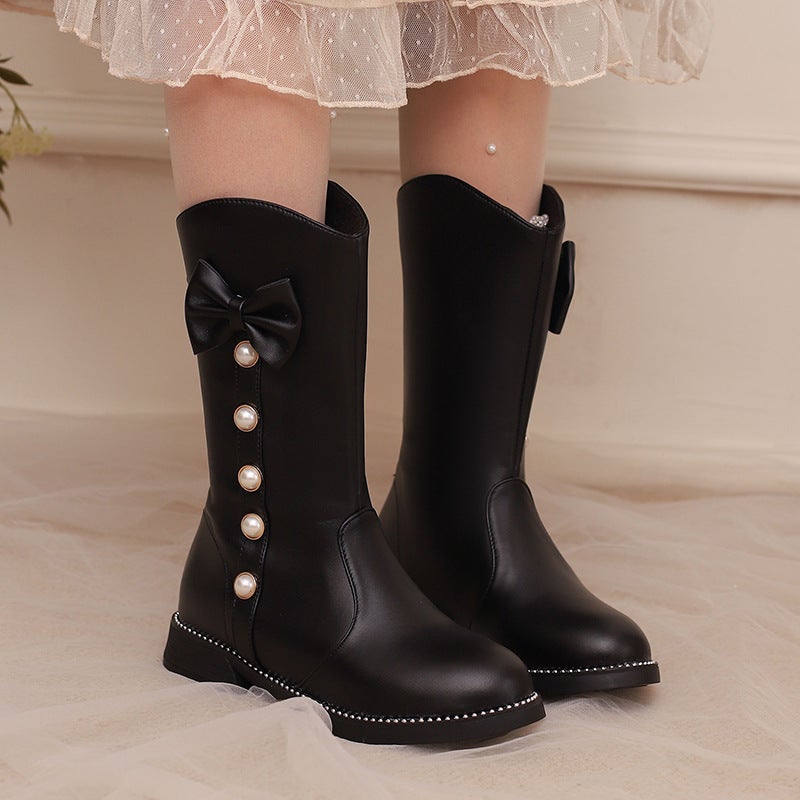 Casual Low Heel Low Boots 28-43 Sweet Bow Pearl Middle And Big Children Boots - Image 4