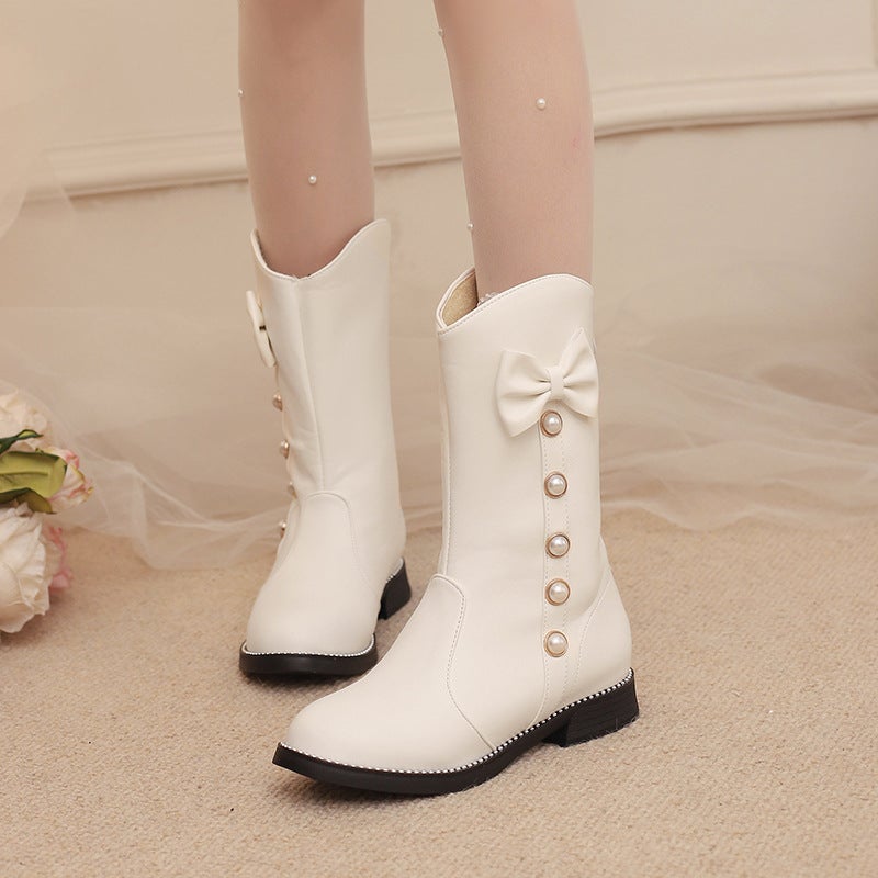 Casual Low Heel Low Boots 28-43 Sweet Bow Pearl Middle And Big Children Boots - Image 3