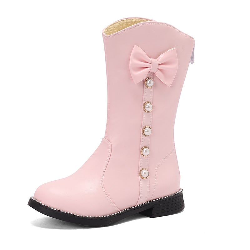 Casual Low Heel Low Boots 28-43 Sweet Bow Pearl Middle And Big Children Boots - Image 1