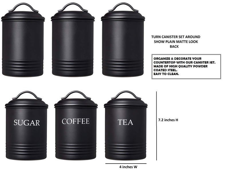 Steelware Central طقم حاويات مطبخ مركزي من الفولاذ 3 قطع سكر قهوة شاي مع أغطية تخزين الطعام أسود - Image 5