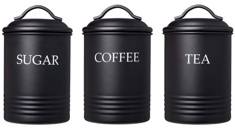 Steelware Central طقم حاويات مطبخ مركزي من الفولاذ 3 قطع سكر قهوة شاي مع أغطية تخزين الطعام أسود - Image 1
