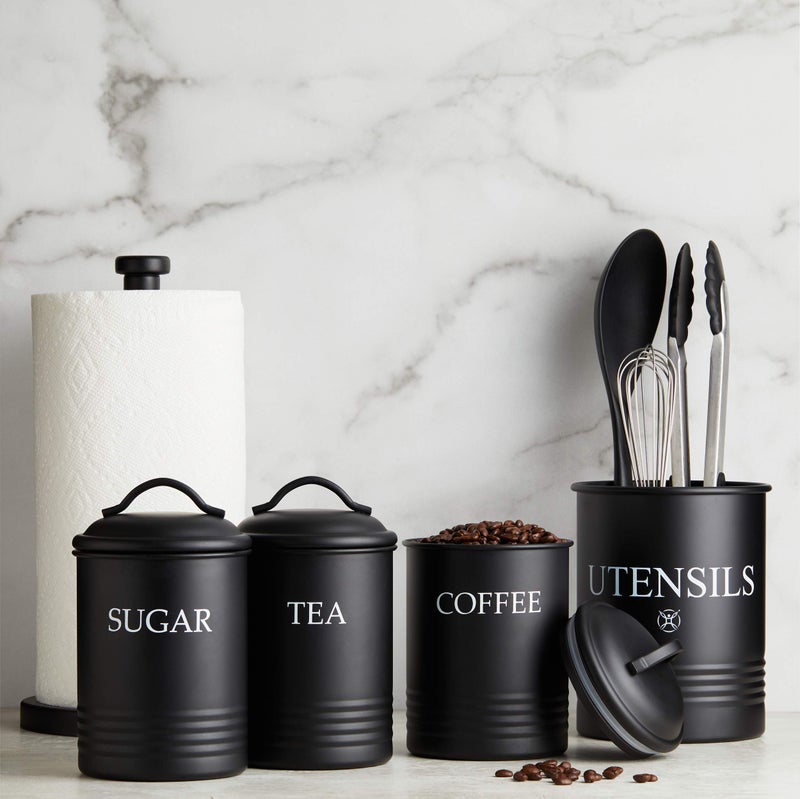 Steelware Central طقم حاويات مطبخ مركزي من الفولاذ 3 قطع سكر قهوة شاي مع أغطية تخزين الطعام أسود - Image 4