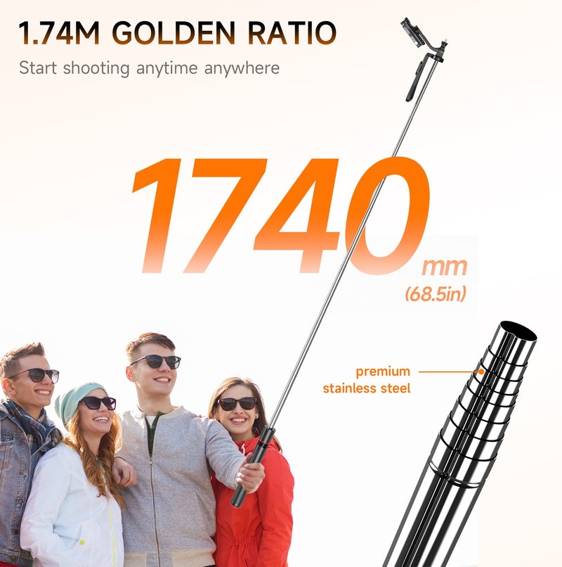 CiYatt 68.5 ''Selfie Stick Tripod With Wireless Remote Control,Auto-Open Phone Tripod Stand，With Balance Handle ，Support 360°Rotation，Compatible With Various Mobile Phones And Sports Cameras (1/4 inch nut)，Portable And Lightweight Travel Tripod For Video Recording - Image 5
